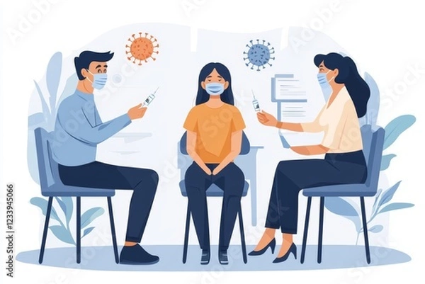 Fototapeta A female doctor wearing a medical mask prepares to vaccinate a young woman sitting in a chair. Both individuals have on face masks. Another person sitting in the chair behind them has a syringe.