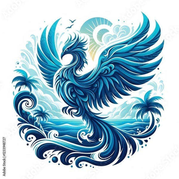 Fototapeta AI Generate of Mythical Phoenix Shape Art Silhouette with Natural Element such as Wind, Tree, Water, Animal, Wood, Sun, Moon, isolate in white.