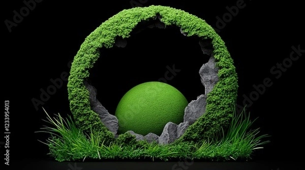 Fototapeta Green Sphere in Mossy Cave: A mesmerizing 3D render of a vibrant green sphere nestled within a moss-covered cave, creating a surreal and enchanting scene.
