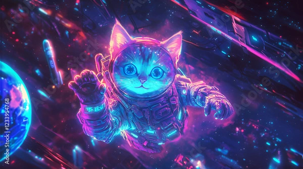 Fototapeta A futuristic cat is floating in space waving its hands.