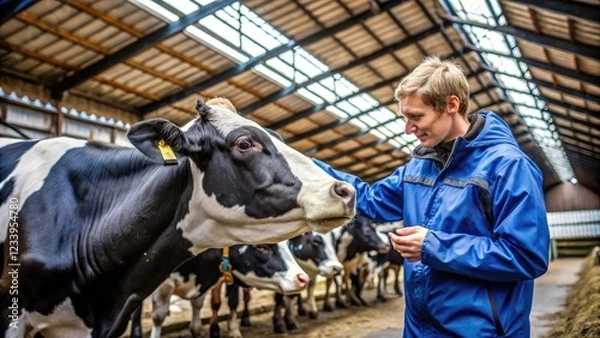 Fototapeta Farmer holding head of cow in a barn, emphasizing the human-animal bond and livestock farming practices in an agricultural setting.