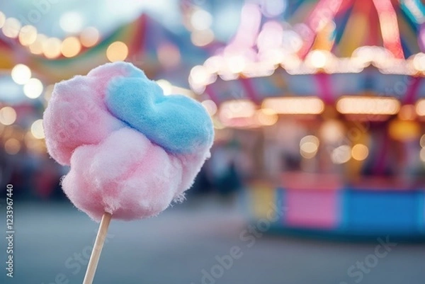 Obraz Pastel pink and blue cotton candy is held aloft against the backdrop of a bustling carnival adorned with bright lights and vibrant rides, capturing a moment of pure joy and nostalgia