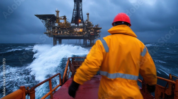 Fototapeta worker in yellow raincoat stands on platform, facing rough seas and offshore oil rig under stormy skies