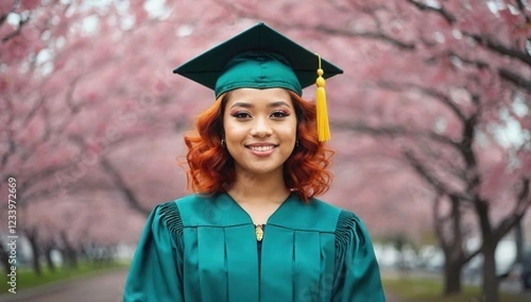 Fototapeta Young woman with curly red hair and a warm smile wearing a green graduation cap and gown, standing in front of pink cherry blossoms