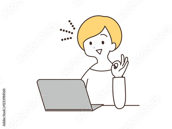 Obraz ノートパソコンを操作してOKサインをする女性　イラスト素材