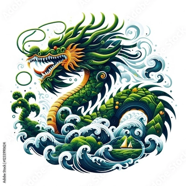 Fototapeta AI Generate of Mythical Dragon Shape Art Silhouette with Natural Element such as Wind, Tree, Water, Animal, Wood, Sun, Moon, isolate in white.