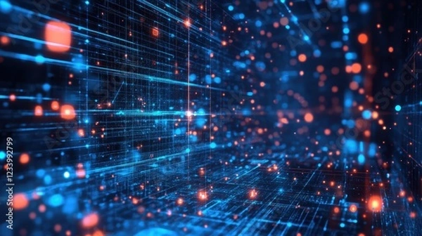 Obraz Abstract AI-driven business technology background with a digital network, blue cyber grid, and copy space.