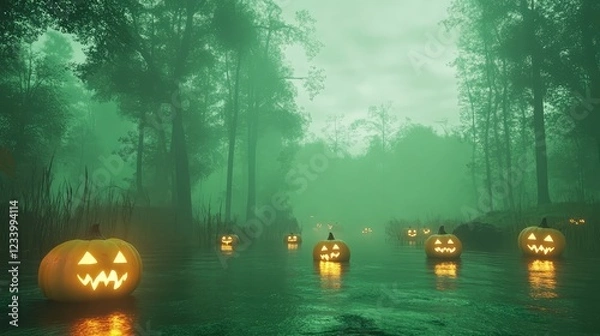 Fototapeta Halloween misty swamp background with glowing jack-o'-lanterns floating on the water, eerie green mist, and a mysterious dark atmosphere. Copy space.