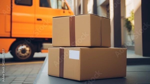 Fototapeta Two stacked cardboard boxes on a sidewalk near a delivery truck, representing urban shipping, last-mile delivery, and logistics efficiency.