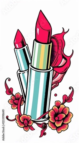 Fototapeta Colorful pop art illustration of lipstick tubes and floral elements, vibrant design, beauty and cosmetics theme