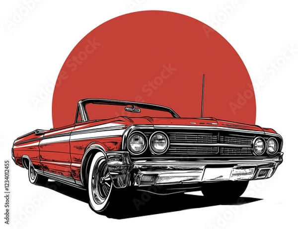 Fototapeta A sleek vintage convertible car illustration with a bold red sun backdrop. Retro automotive art with a minimalist and classic touch, perfect for posters, apparel, and car enthusiasts.
