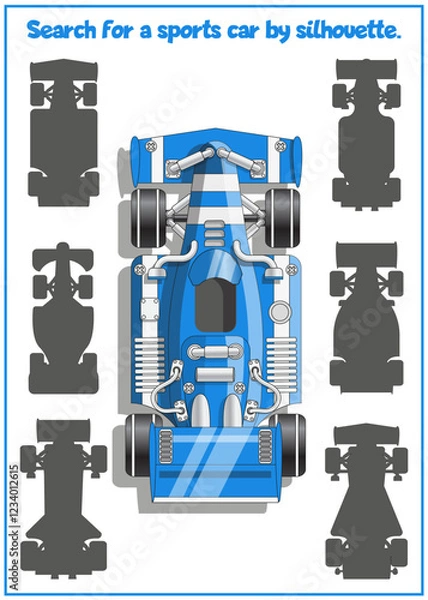 Obraz Children's game, puzzle. Search for a sports car by silhouette. View from above. Isolated on white background. Vector illustration.