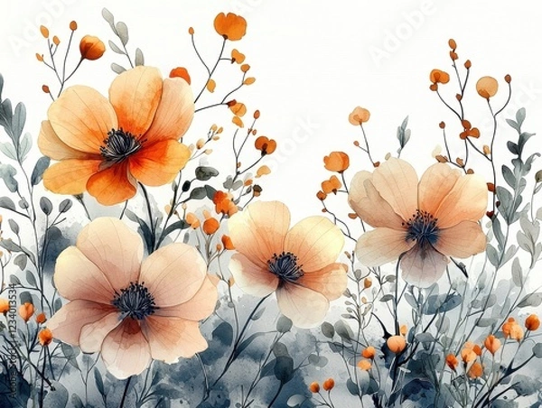 Obraz A watercolor illustration of soft orange flowers and delicate foliage.