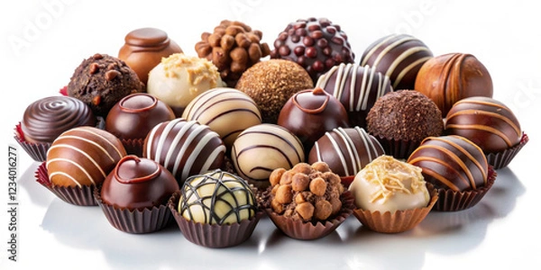 Fototapeta A delightful assortment of gourmet chocolates featuring various shapes, textures, and decorative toppings, perfect for indulgence or gifting.