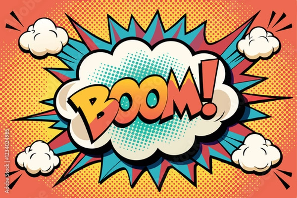 Obraz Boom pop art cloud bubble. Smile, wow, pow, cool, ok, oops, wtf funny speech bubble. Trendy Colorful retro vintage background in pop art retro comic style. Illustration easy editable for Your design.