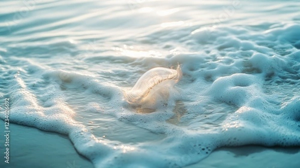 Fototapeta A delicate feather floats gently in the rippling shoreline waves, embodying the graceful harmony of nature at sunset.