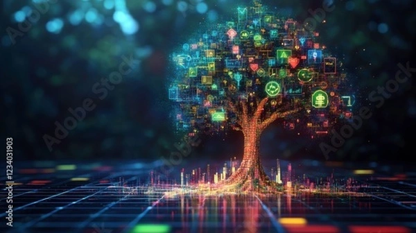Fototapeta A digital tree composed of glowing icons and data visualization, representing the fusion of technology and nature in a vibrant, futuristic setting.