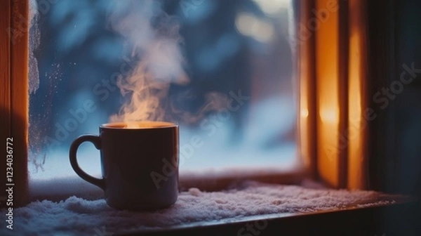 Fototapeta A steaming mug sits on a snowy windowsill, warmly lit by the gentle glow of a sunset, evoking a cozy winter evening indoors.