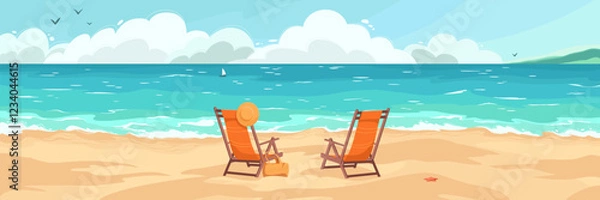 Fototapeta Hand drawn vector illustration. Relaxing on the ocean shore on a sunny day. Sandy beach and two chairs. Elongated horizontal composition for web banners, advertising and design.