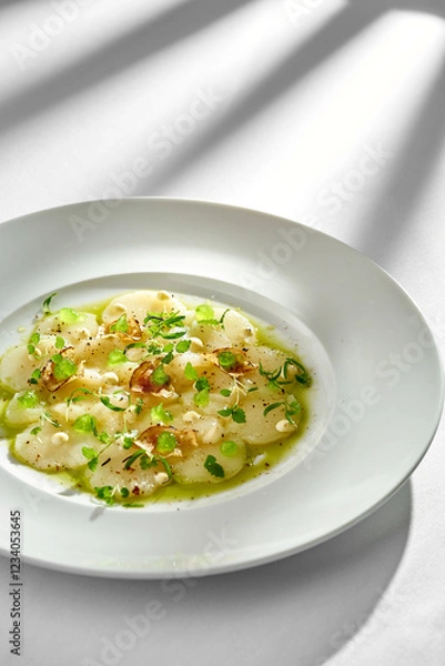 Fototapeta A close-up of scallop carpaccio, showcasing the tender texture of the scallops and the crispiness of the fresh herbs
