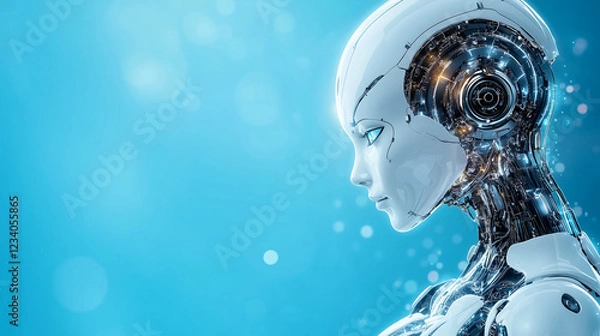 Fototapeta Futuristic Female Humanoid Robot on Blue Background