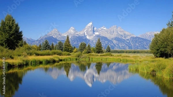 Fototapeta Majestic mountain range reflected in a calm lake, surrounded by lush greenery under a clear blue sky.