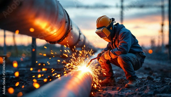 Fototapeta A welder fuses a large gas pipeline, sparks flying under the warm sunset glow.