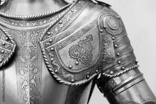 Fototapeta Detailed close-up of an ornate medieval armor with intricate engravings and metal rivets.