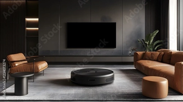 Fototapeta Modern living room with dark walls, leather sofa and armchair, a large flat-screen TV, and a smart robot vacuum cleaner in the center of the room. 