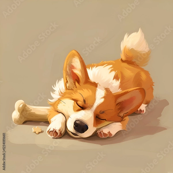 Fototapeta Welsh corgi puppy isolated on brown background. Cute happy dog character sleeping with bone