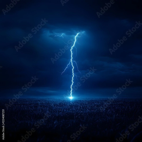 Fototapeta Blue Lightning Strikes Dark Night Field