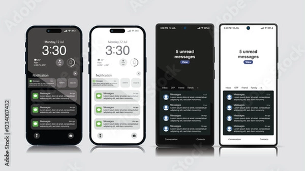 Fototapeta High-Quality 3D Smartphone Mockup with Push Notification, SMS, and Email – Realistic Front View of Mobile App Display.Vector.