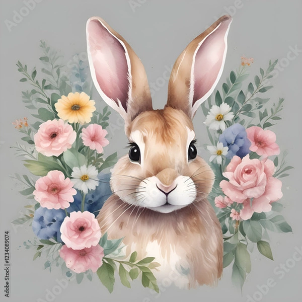 Fototapeta Brown rabbit with flowers. Spring illustration in watercolor style