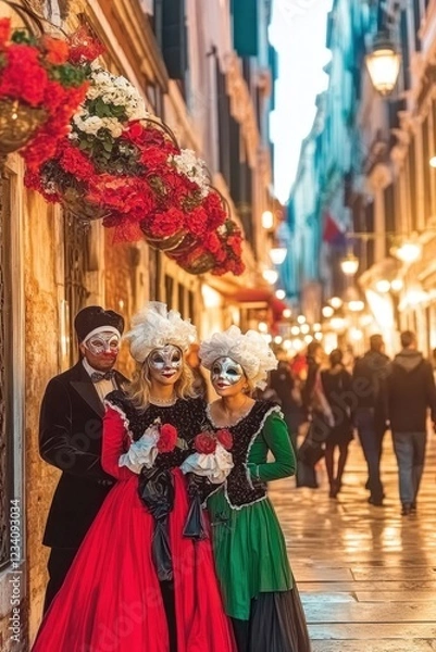 Fototapeta A festive Venetian carnival evening with diverse people in traditional masks, glowing lanterns, canals, and historic architecture.