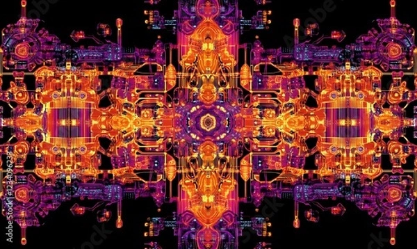Fototapeta Abstract fractal art, symmetrical design, vibrant colors, complex machinery background, ideal for tech or fantasy