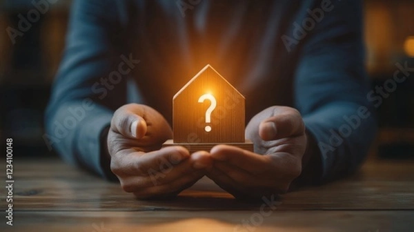 Obraz A person holds a glowing house-shaped symbol with a question mark, representing uncertainty or inquiry about homeownership or real estate decisions.