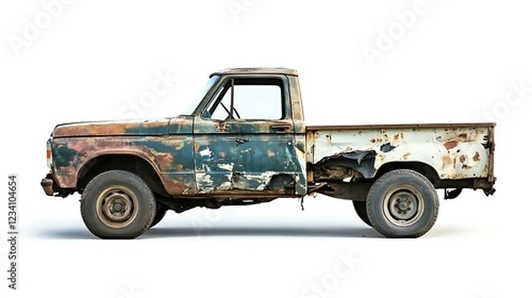 Fototapeta A photo of a truck with a visible dent on its side, showcasing the damage on the vehicleâ€™s surface, set against a clean white background