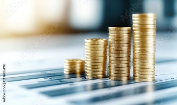 Obraz Stacks of gold coins representing financial growth and investment opportunities in a modern business environment.