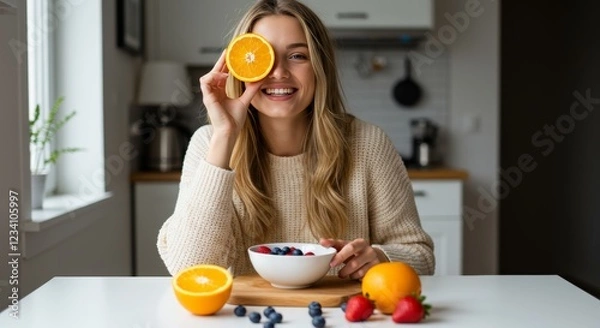 Fototapeta A smiling woman holds an orange slice to her eye while surrounded by fruits on a table