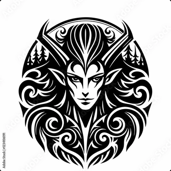 Fototapeta Intricate Tribal Design of Female Face with Forest Elements and Flowing Patterns