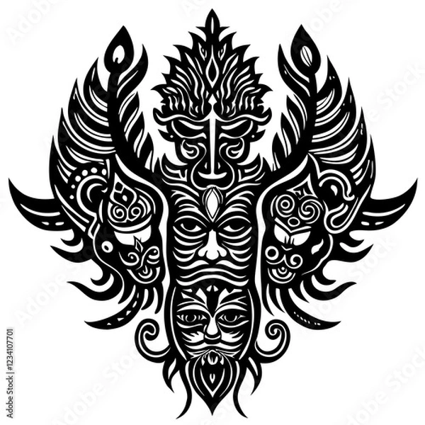 Fototapeta Intricate Tribal Warrior Mask Design with Decorative Elements and Geometric Patterns