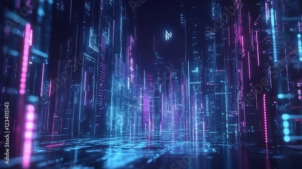 Fototapeta Neon Digital Cityscape: Futuristic Algorithmic Architecture