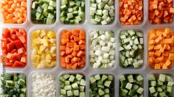 Fototapeta Colorful Diced Vegetables in Containers: A Vibrant Array of Fresh Chopped Produce Ready for Cooking or Meal Prep
