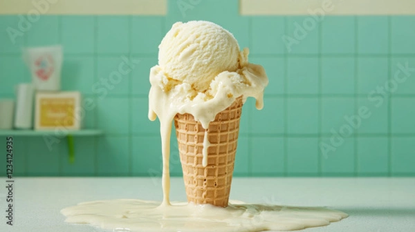 Fototapeta Ice cream melting, A close-up image of a single scoop of creamy vanilla ice cream with high fidelity detail, perfect for culinary and dessert-themed projects.