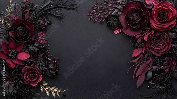 Fototapeta Dark red and black flowers frame, textured background,  invitation design