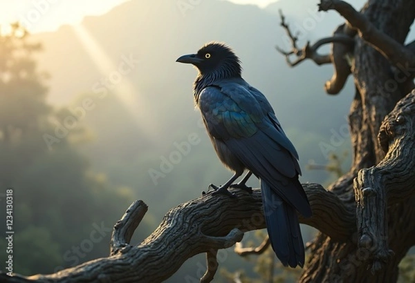 Obraz Majestic Raven Perched on Old Tree Branch at Sunrise