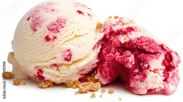 Fototapeta Ice cream melting, A delicious scoop of melting strawberry cheesecake ice cream captured in high fidelity, perfect for dessert and food-related imagery.