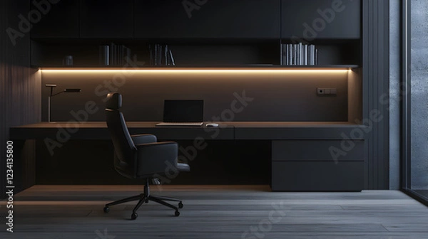 Fototapeta and minimal dark-themed desk setup with a black desk, soft ambient lighting, and a sleek office chair 