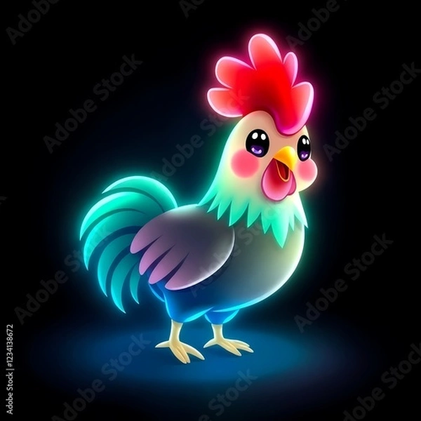 Fototapeta Colorful cartoon rooster in radiant neon style against a dark background. Generative AI