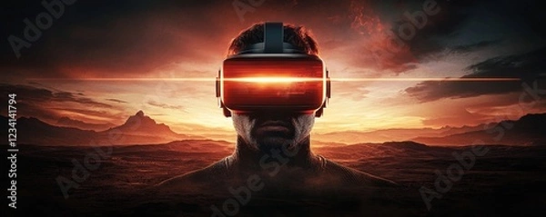 Fototapeta A silhouette of a person wearing a futuristic VR headset, set against a dramatic sunset background, suggesting a blend of technology and adventure.